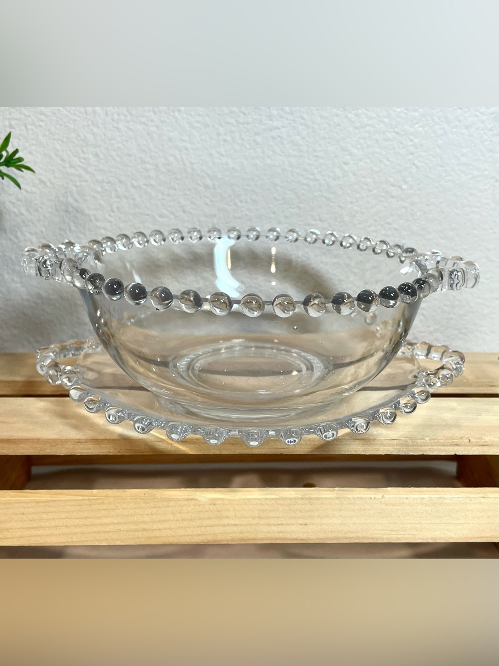 Imperial Glass “Candlewick” Beaded Edge Handled Serving Bowl Matching Underplate